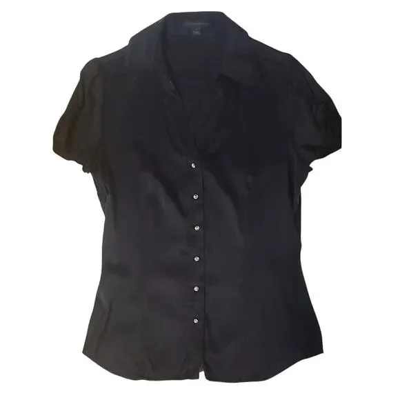 Vintage Y2K Express Black Silk Short Sleeve Blouse Medium - Picture 1 of 7